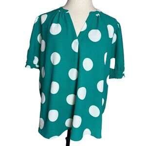 Cato Women's Teal Turquoise Large Polka Dot Top, Sz 22/24W, Short Sleeves V Neck